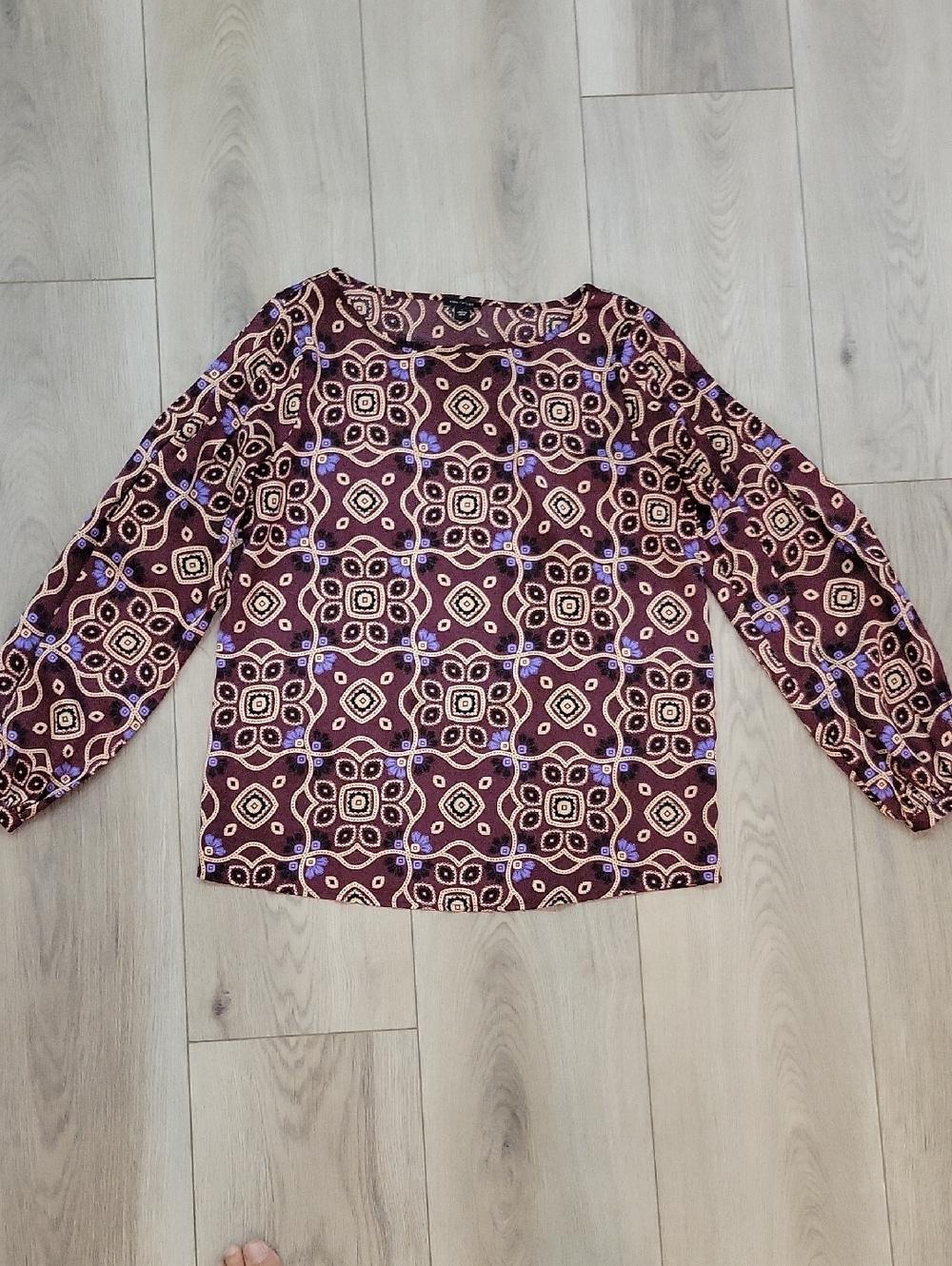 LOFT Brown Geometric Print Long Sleeve Blouse with Purple Accents